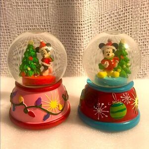 Disney mickey mouse and minnie mouse musical christmas snow globes set